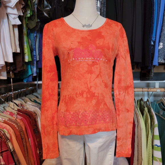 HARLEY-DAVIDSON ♡ Sweet Vintage Orange Tie Dye Embellished Bling H-D Top M - Picture 3 of 17